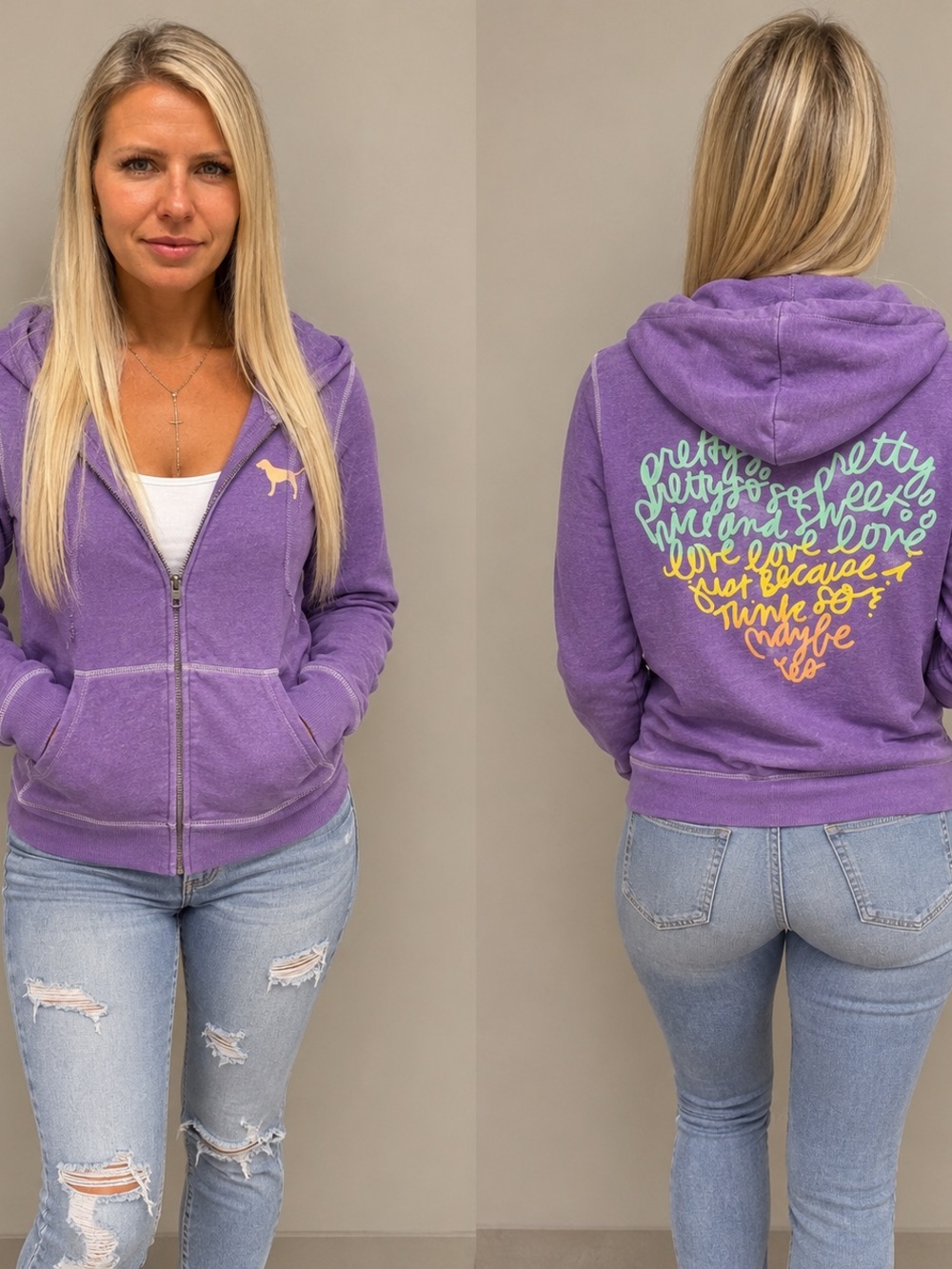 VS Pink- Purple Zip-Up Hoodie with Heart Script Back sz S